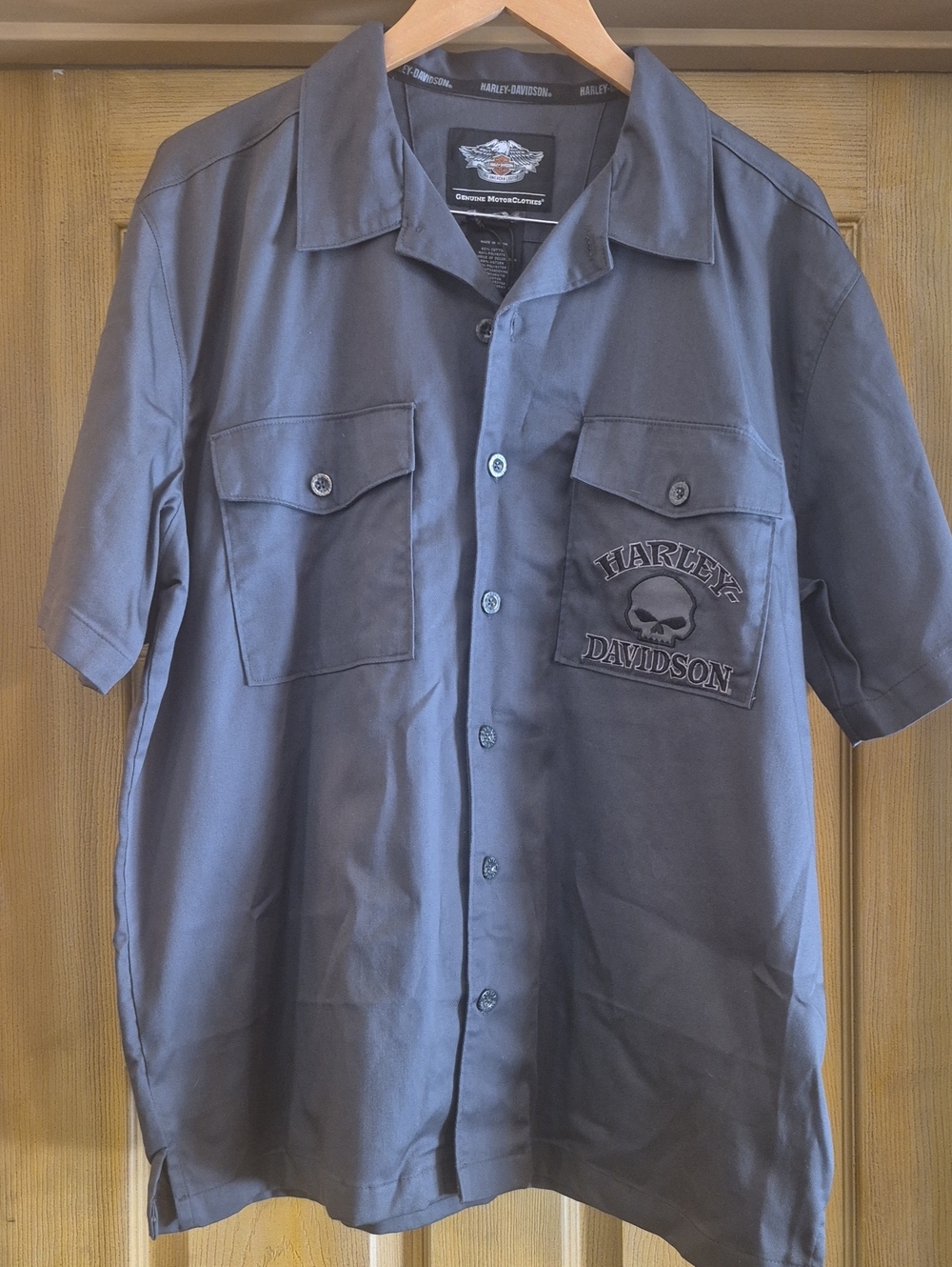 Harley Davidson Short Sleeve Mechanic Button Up Shirt Cotton Blend Skull Gray  L